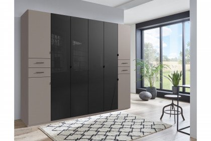 Danzig von Wimex - Schrank 8-türig & 4 Schubkästen saharagrau/ Glas schwarz